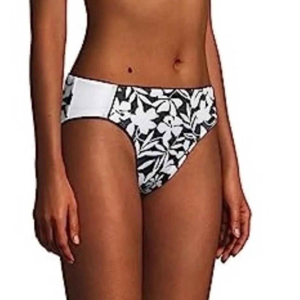 Lands' End Mid Waist Bikini Bottoms. Piped Havana Floral Black + White Sz 8 NWOT